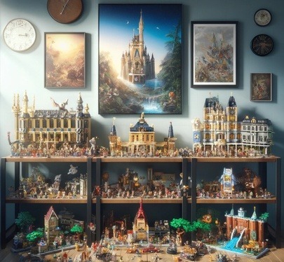 A collection of intricate LEGO Disney sets displayed on shelves, featuring famous Disney castles and iconic scenes. Framed artwork of Disney castles adorns the walls above the sets. The image links to the post titled ‘Top 20 LEGO Disney Sets - 2023 Buyer’s Guide,’ which explores the top LEGO Disney sets of 2023, at Lou’s Bricks House.