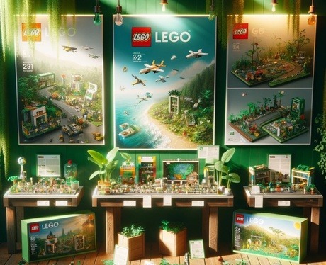 LEGO exhibit showcasing sustainability-themed sets, featuring posters of green initiatives such as eco-friendly cities, renewable energy, and wildlife conservation. The display emphasizes LEGO’s commitment to environmental goals, using sustainable materials and design innovations. The image links to the post titled ‘Building a Greener Future: LEGO’s Sustainable Innovations, at Lou’s Bricks House.