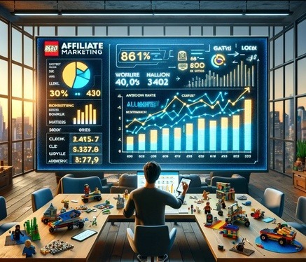 Person sitting at a desk filled with LEGO sets, analyzing affiliate marketing data displayed on a large digital screen. The image showcases charts and metrics related to affiliate marketing performance, emphasizing the success of real-world affiliate strategies. The image links to the post titled ‘Effective Affiliate Marketing Strategies: Real-World Success,’ which explores actionable tactics and examples for mastering affiliate marketing within the LEGO niche.