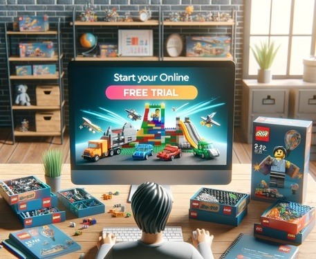 Person sitting at a desk surrounded by LEGO sets, looking at a computer screen displaying a ‘Start your Online FREE TRIAL’ offer for selling LEGO products. The scene emphasizes a work-from-home setup in a cozy, organized environment with LEGO boxes and models. The image links to the post titled ‘How to Make Money Selling Legos: Free Trial Offer,’ which provides strategies, tips, and a free trial to get started. At Lou’s Bricks House.