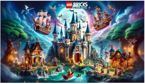 Image of general overall Disney theme with text in a banner Lego Bricks Presents.