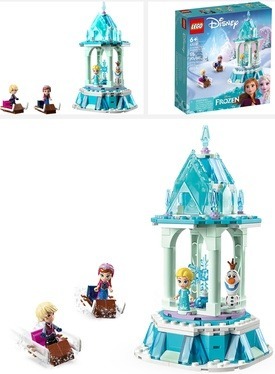 LEGO Disney Anna and Elsa's Magical Carousel Set 43218 with 3 images, the boxed set, product and accessories. Image links to Amazon for more details and purchasing option.