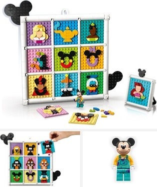 3 images of the LEGO Disney 100 Years of Disney Animation Icons (43221), showcasing the Mickey minifigure. Image links to Amazon for more details and purchasing option.