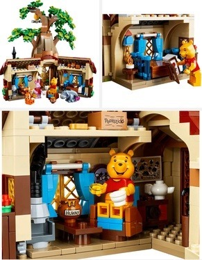 3 images of the LEGO Ideas Disney Winnie the Pooh 21326, showcasing some of the sets features. Image links to Amazon for more details and purchasing option.