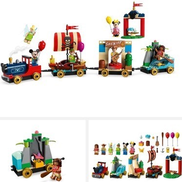 3 images of the LEGO Disney Celebration Train set(43212). Image links to Amazon for more details and purchasing option.