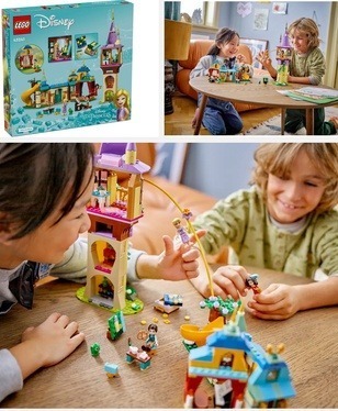 LEGO Disney Princess Rapunzel’s Tower & The Snuggly Duckling (43241) Showcasing the set and some features with kids playing. Image links to Amazon for more details and purchasing option.