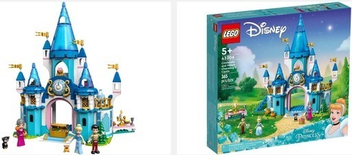 Images of the LEGO Disney Cinderella and Prince Charming’s Castle set(43206). Image links to Amazon for more details and purchasing option.