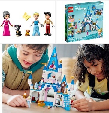 Various scenes of the LEGO Disney Cinderella and Prince Charming’s Castle set including 2 children enjoying the set (43206). Image links to Amazon for more details and purchasing option.