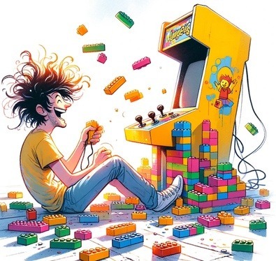 The image features a photo-like illustration of an adult with messy hair, showing a vivid expression of excitement and delight. The person is interacting with a colorful and imaginative LEGO set inspired by arcade games. The setting is vibrant and playful, emphasizing the immersive and joyful experience of LEGO play. The LEGO pieces are arranged to suggest a fun, arcade-themed building activity.