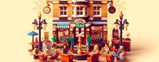 Header image for Lou’s Bricks House, featuring a detailed LEGO representation of the Central Perk café from the Friends TV show, surrounded by LEGO minifigures of Ross, Rachel, Chandler, Monica, Joey, Phoebe, and Gunther, set against a warm, nostalgic backdrop that evokes the 1990s and the essence of the iconic sitcom.