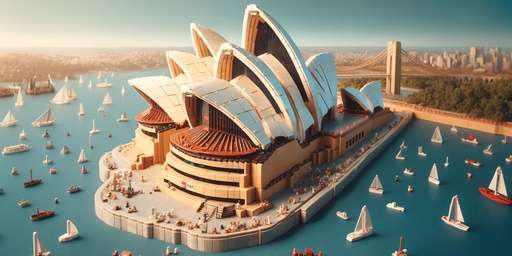 Artistic display of the LEGO Sydney Opera House Creator Expert Set, highlighting the iconic shell-like roofs and waterfront setting, designed for a family-friendly audience.