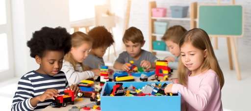 Children of diverse backgrounds engaged in playing with LEGO sets tailored for autism, in a bright and sensory-friendly educational environment.