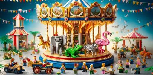 Lego Creator Expert Carousel 10257 set with ornate animal rides and a festive fairground atmosphere, bustling with minifigures enjoying the ride.