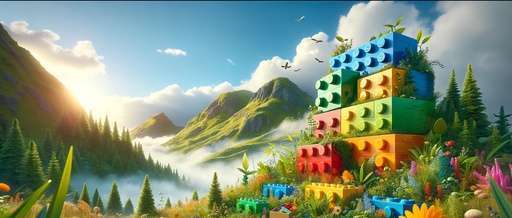 Sharp and clear narrow banner image displaying LEGO bricks made from sustainable materials, integrated into a vibrant outdoor scene with lush grass, colorful flowers, and a blue sky, highlighting LEGO’s eco-friendly initiatives.