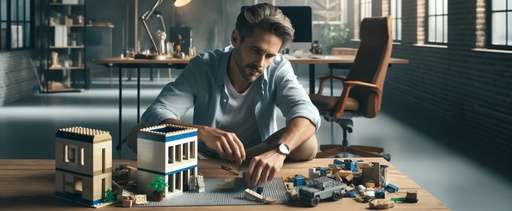 Adult man in a serene office environment, focused on assembling LEGO bricks at a desk, highlighting LEGO’s role as a stress relief toy in a tranquil and creative workspace.