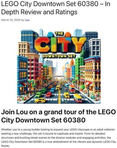 Header image from the post “Lego City Downtown Set 60380 - in depth Review And Ratings” at Lou’s Bricks House.