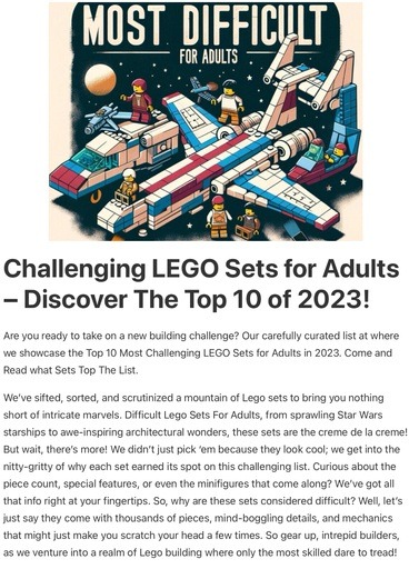 Header image from the post -Difficult LEGO Sets For Adults   
Our Challenging Top 10 List of 2023, at Lou’s bricks house.