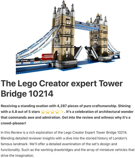 Header image from the post -Lego Creator Expert Tower Bridge 10214 
In-depth Review, at Lou’s bricks house.