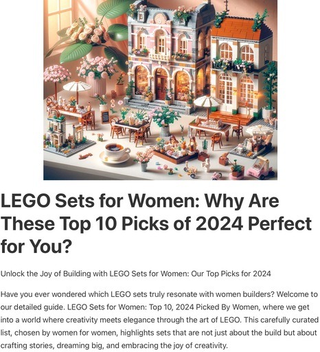 Header image from the post -LEGO Sets for Women: Top 10, 2024   
Picked By Women, at Lou’s bricks house. 