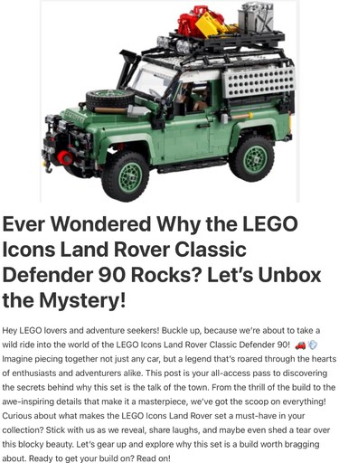 Header image from the post - LEGO Icons Land Rover Classic Defender 90   
Reviews And Rating, at Lou’s bricks house.