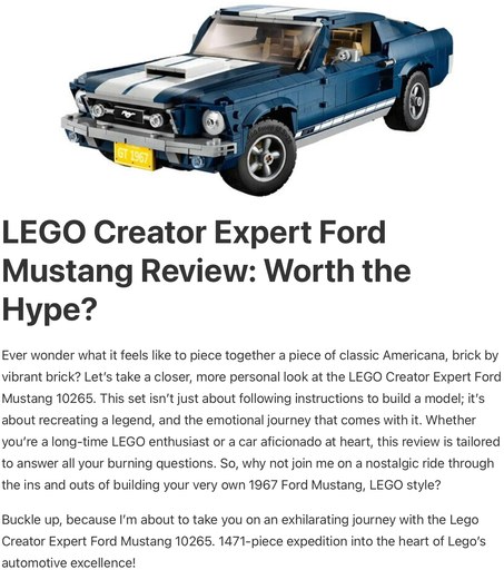 Header image from the post - LEGO Creator Expert Ford Mustang 10265
In-Depth Nostalgic Review, at Lou’s bricks house.