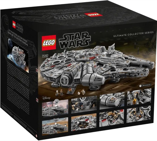 Image of the LEGO Star Wars Millennium Falcon sets rear of the box. Link to Amazon.