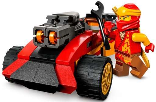 Image of the Lego Ninjago car included in the set and a minifigure beside it holding a wrench. Link to amazon.