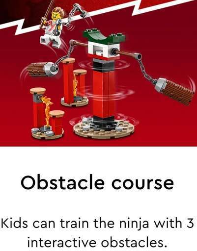 Image of an action of the Lego Ninjago Creative brick Box set with the text “ obstacle course kids can train the ninja with 3 interactive obstacles”. Link to amazon.