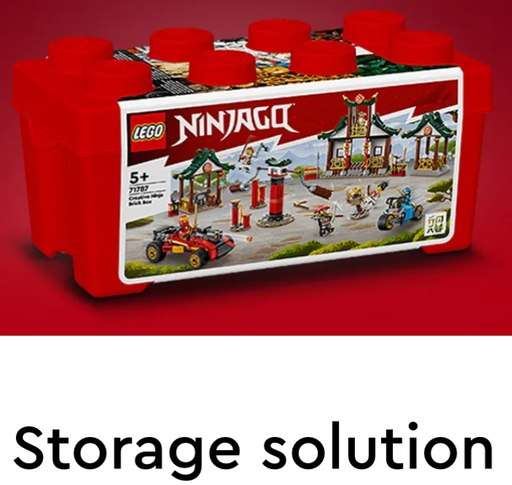 Image of the container used for storage of the Lego Ninjago Creative Brick Box set, with the text storage solution. Link to amazon.