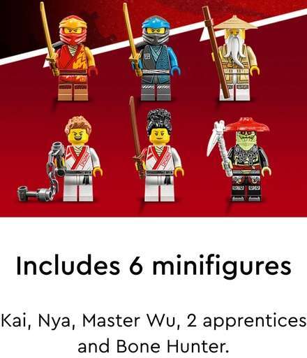 Image of the 6  minifigures that comes with the Lego Ninjago Creative Brick Box, with text providing the list of the figures by name. Link to amazon.