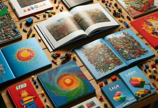 Colourful display of various LEGO-themed books on a wooden table,  creating a vibrant and inspiring reading and building environment.