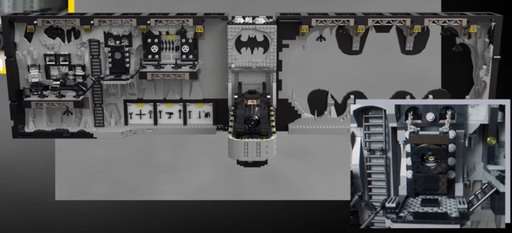 Image of the swung open set of the Lego Batman Batcave Shadowbox set, making the interior visible