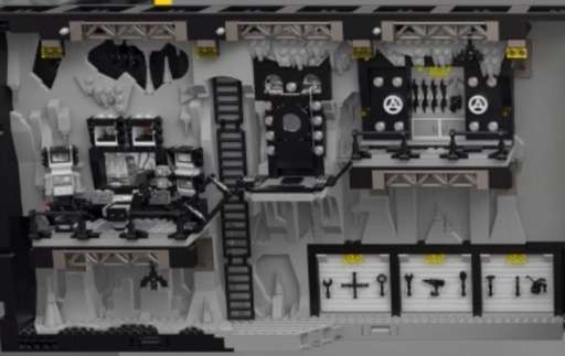 Close up image inside the set showing the gadgets section of the Batman cave