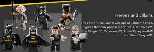 7 Minifigures included with the Lego Batman Batcave Shadowbox set with the text, heroes and villains with the minifigures names