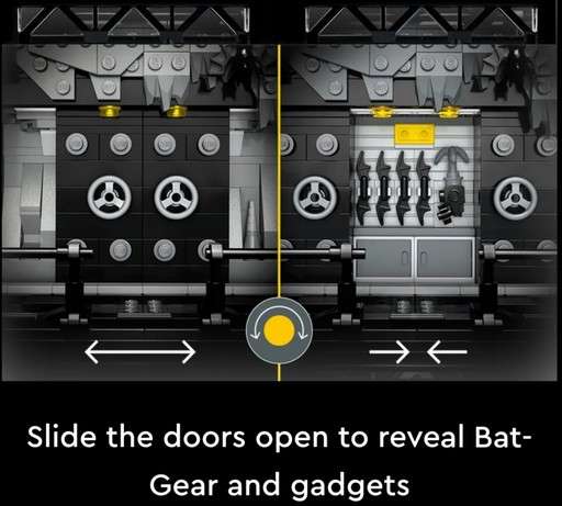 Image of the vault with gadgets with the text - slide the doors open to reveal Bat Gear and Gadgets