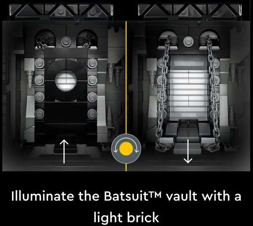 Image of the bat suit vault with the text illuminate the bat suit vault with a light brick