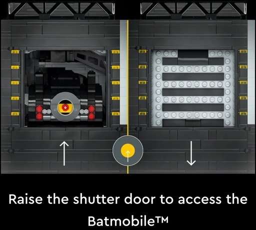 Image of the garage door and hidden Batmobile. With the text raise the shutter door to access the Batmobile