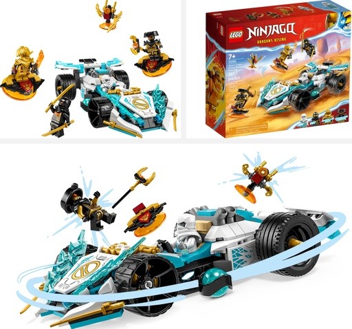 Image of the LEGO NINJAGO Zane’s Dragon Power Spinjitzu Race Car (71791). Link to amazon.