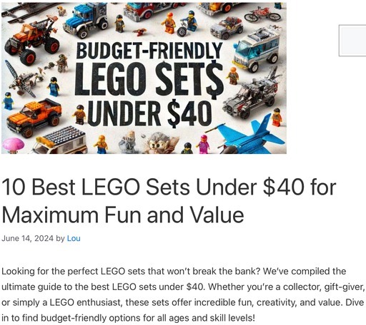 Header image from the post - 10 Best LEGO Sets Under $40, at Lou’s Bricks House. Link to full post.