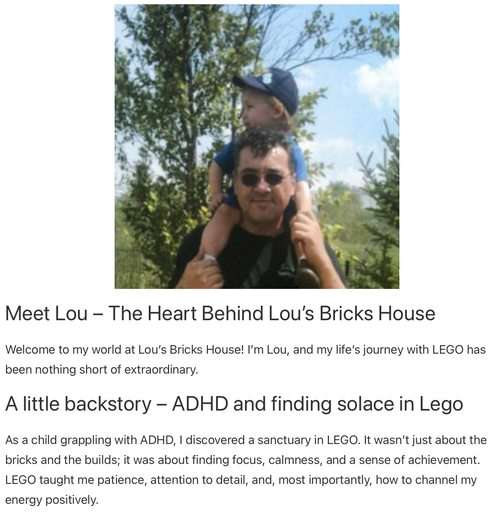 Image of the author and creator of Lou’s Bricks House with one of his children on his shoulders. 