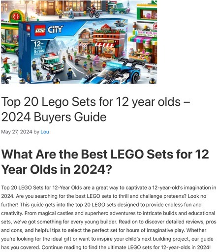 Header image from the post -Top 20 LEGO Sets for 12 Year Olds – 2024 Buyer’s Guide, at Lou’s bricks house. Image links to the post.