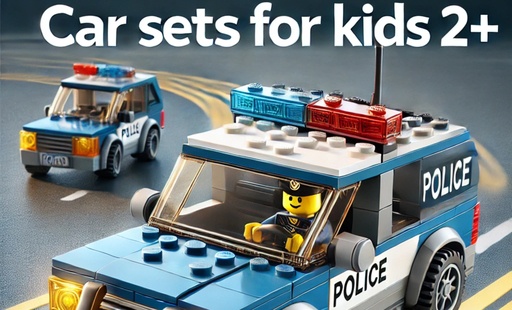 LEGO car from the LEGO City Police Station Chase set, featuring a police officer minifigure driving on a LEGO road. Text overlay reads ‘Car Sets for Kids 2+’