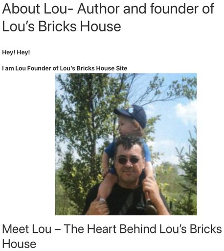 Lou, the founder of Lou’s Bricks House, outdoors with his young son on his shoulders, enjoying a sunny day with trees in the background.