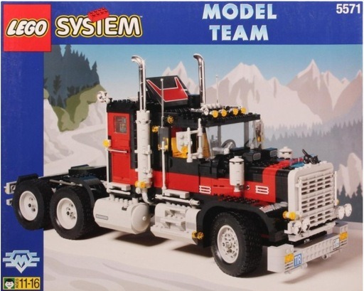 The LEGO Model Team 5571 Giant Truck set, displayed on its original box, features a highly detailed black and red semi-truck with realistic design elements. The set, recommended for ages 11-16, includes intricate features such as chrome exhaust pipes, a detailed cab, and large wheels, showcasing LEGO’s early attempt to appeal to older builders. The box art depicts the truck against a backdrop of a mountainous landscape, emphasizing the set’s scale and complexity, which made it one of the first LEGO sets designed with advanced builders in mind.