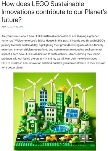 Image featuring a green cityscape with wind turbines, solar panels, and eco-friendly cars. This image serves as the header for the article titled ‘How does LEGO Sustainable Innovations contribute to our Planet’s future?’ and links to the full article, showcasing LEGO’s commitment to environmental sustainability and innovation.