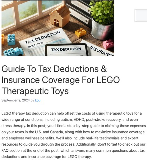 Image of tax deduction forms with LEGO bricks, representing the ‘Guide to Tax Deductions & Insurance Coverage for LEGO Therapeutic Toys’ article. This image is the header for the article and links to the full post, which explores how LEGO therapy can qualify for tax deductions and insurance coverage.