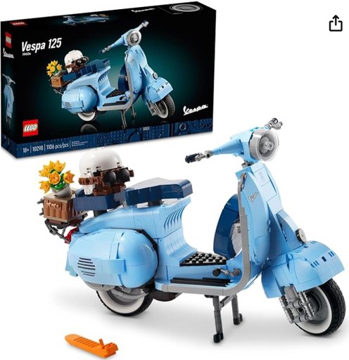 LEGO Icons Vespa 125 Scooter Model Building Kit 10298, featuring a vintage Italian Vespa in pastel blue with accessories like a helmet and flower bouquet.