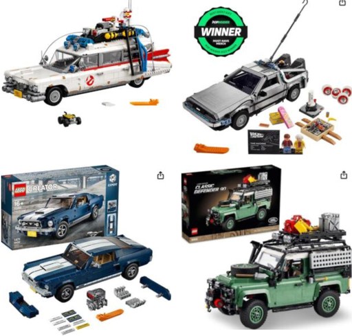 A collage of four LEGO sets, including the LEGO Ghostbusters Ecto-1 (10274) in the top left, the LEGO Back to the Future Time Machine (10300) in the top right, the LEGO Creator Expert Ford Mustang (10265) in the bottom left, and the LEGO Icons Land Rover Classic Defender 90 (10317) in the bottom right. Each set is displayed with its respective accessories and packaging, showcasing the detailed designs and unique elements of these iconic model car building kits.