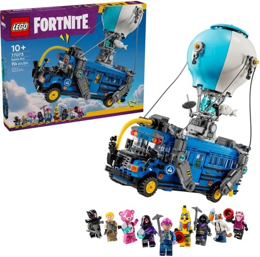 LEGO Fortnite Battle Bus set (77073) shown with its box, the completed bus model, and included minifigures. The image links to Amazon for availability.