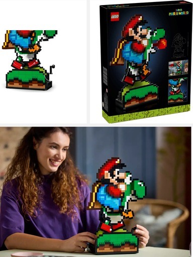 Image of the LEGO Super Mario World: Mario & Yoshi (71438) set, featuring pixelated Mario on Yoshi, the product box, and a person admiring the model. This image links to Amazon for availability.